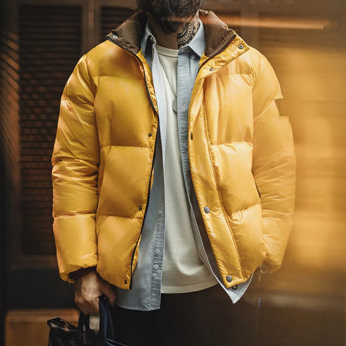 Men’s Yellow 90% White Duck Down Jacket – Warm Stand Collar Puffer Coat for Fall & Winter Casual Outerwear